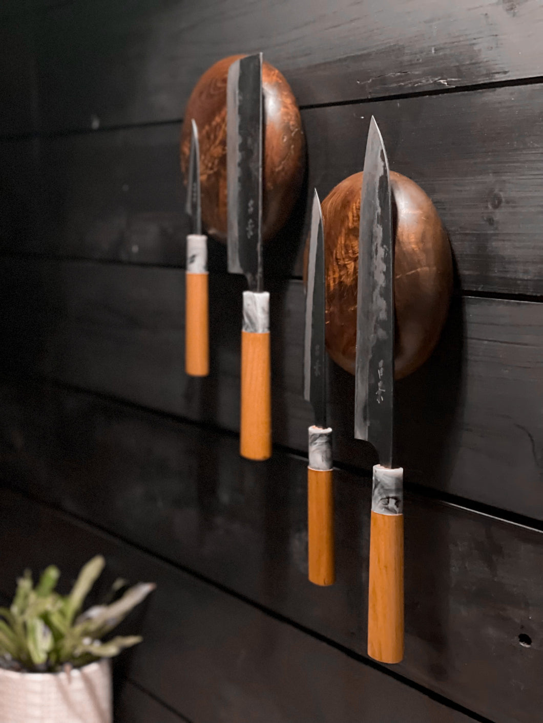 Matching Pair of Rustic Black Walnut Magnetic Knife Pebbles  (Set holds 4 knives)